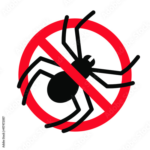 No spiders with ban sign. Anti tarantula pest control ban, prohibition parasitic insects silhouette vector. Stop spider insects vector icon, symbol
