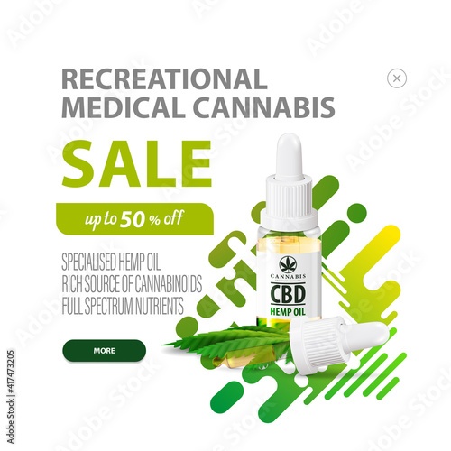 Recreational medical cannabis, white and green discount pop-up for website with CBD oil bottle with pipette and green liquid abstract background