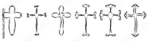 Vector collection of black ink or paint religion or faith cross symbol set isolated on white background. Abstract christian religious belief or faith art illustration for orthodox or catholic design