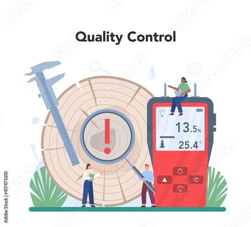 Wood industry concept. Checker inspector as a forestry production line.