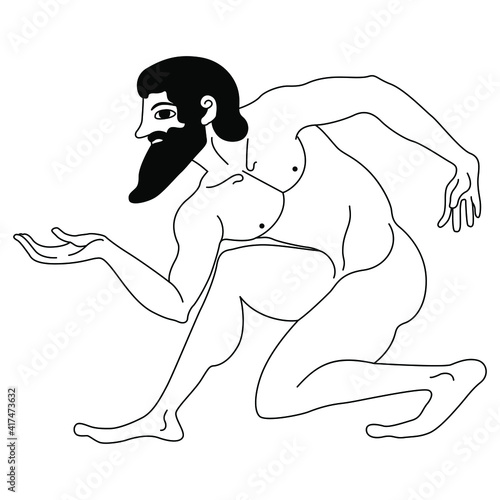 Squatting bearded ancient Greek man. Black and white linear silhouette. Vase painting style.