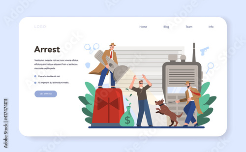 Professional detective web banner or landing page. Agent investigating