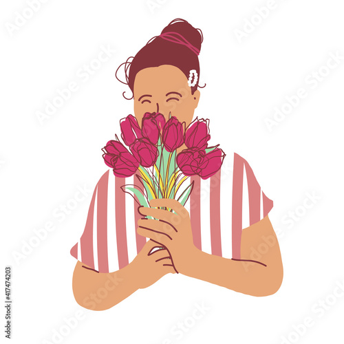 Woman with tulips bouquet flat vector illustration. Character female paint image isolated on white. Girl holds in hands spring flowers