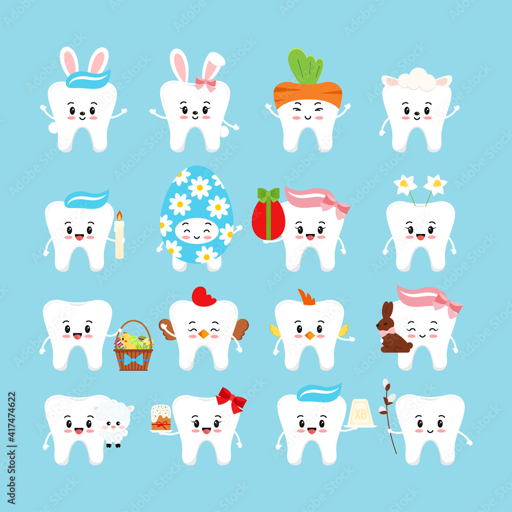 Easter cute teeth dental icon set. Dentist white tooth character: cake,  bunny ears, willow, curd easter basket, candle, egg, hen, chicken costume.  Flat cartoon vector dentistry clip art illustration. Stock Vector |