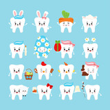 Easter cute teeth dental icon set. Dentist white tooth character: cake, bunny ears, willow, curd easter basket, candle, egg, hen, chicken costume. Flat cartoon vector dentistry clip art illustration.