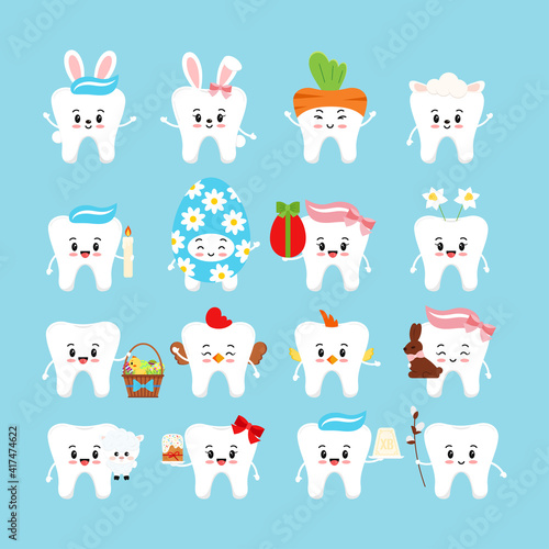 Easter cute teeth dental icon set. Dentist white tooth character: cake, bunny ears, willow, curd easter basket, candle, egg, hen, chicken costume. Flat cartoon vector dentistry clip art illustration.