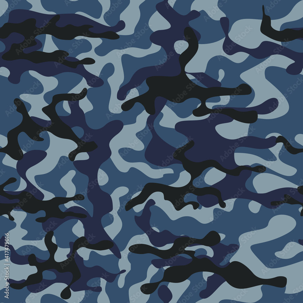 Dark blue camouflage background seamless vector. Black spots.
Dark blue camouflage background seamless vector. Black spots.
