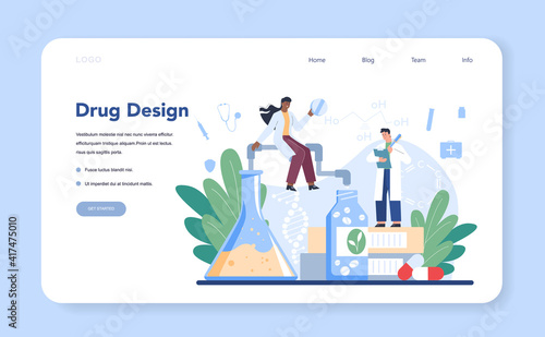Pharmacy web banner or landing page. Pharmacist selling drugs in bottle and