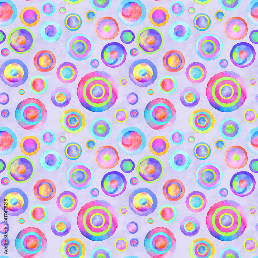 Circle multi-colored watercolor seamless pattern. Abstract watercolour colorful circles on purple lavender background