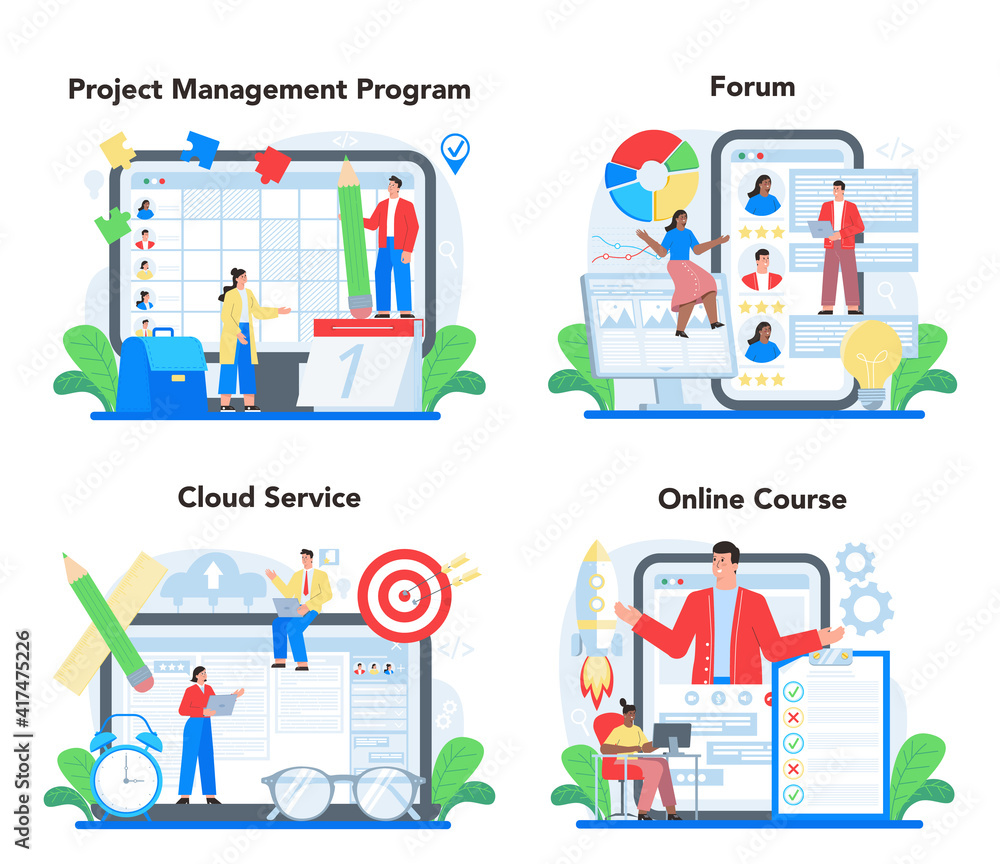 Project management online service or platform set. Successful strategy
