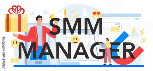 SMM manager typographic header. Social media marketing, advertising of business