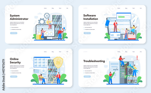 System administrator web banner or landing page set. Technical work with server
