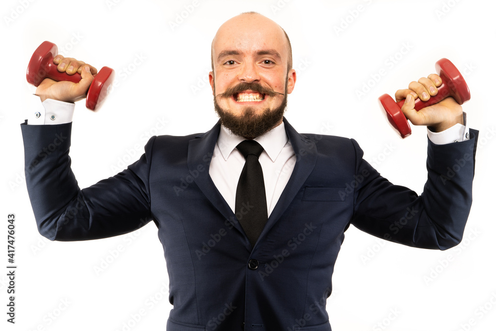 The man shows different emotions in each photo. He poses in a photo studio with dumbbells. There is an inscription in Polish on the dumbbells: 3 kilograms. The man shows different emotions in each photo. He poses in a photo studio with dumbbells. There is an inscription in Polish on the dumbbells: 3 kilograms.