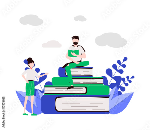 Young people reading books in the park. Summer landscape background. Holidays time. Back to school, Study, Learning, Knowledge and Education vector concept © Anastasiia