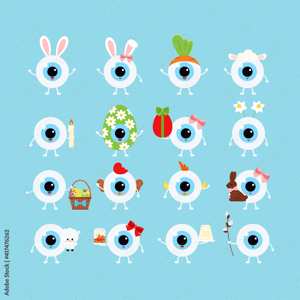Easter cute eye ball icon set. Ophthalmology eyeball character: cake, bunny ears, willow, curd easter basket, candle, egg, hen, chicken costume. Flat cartoon vector vision clip art illustration.