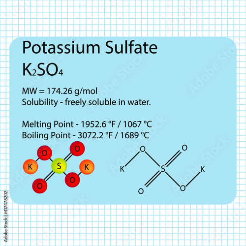 Potassium Sulfate molecule ball and stick model with chemical structure on school paper background. Inorganic K2SO4 compound with molecular weight.