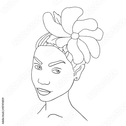 Abstract woman face with flower in hair one line drawing. Portrait minimalistic style. Modern abstract face black line on white isolated. Minimalism concept of african women face, long hear. Face line