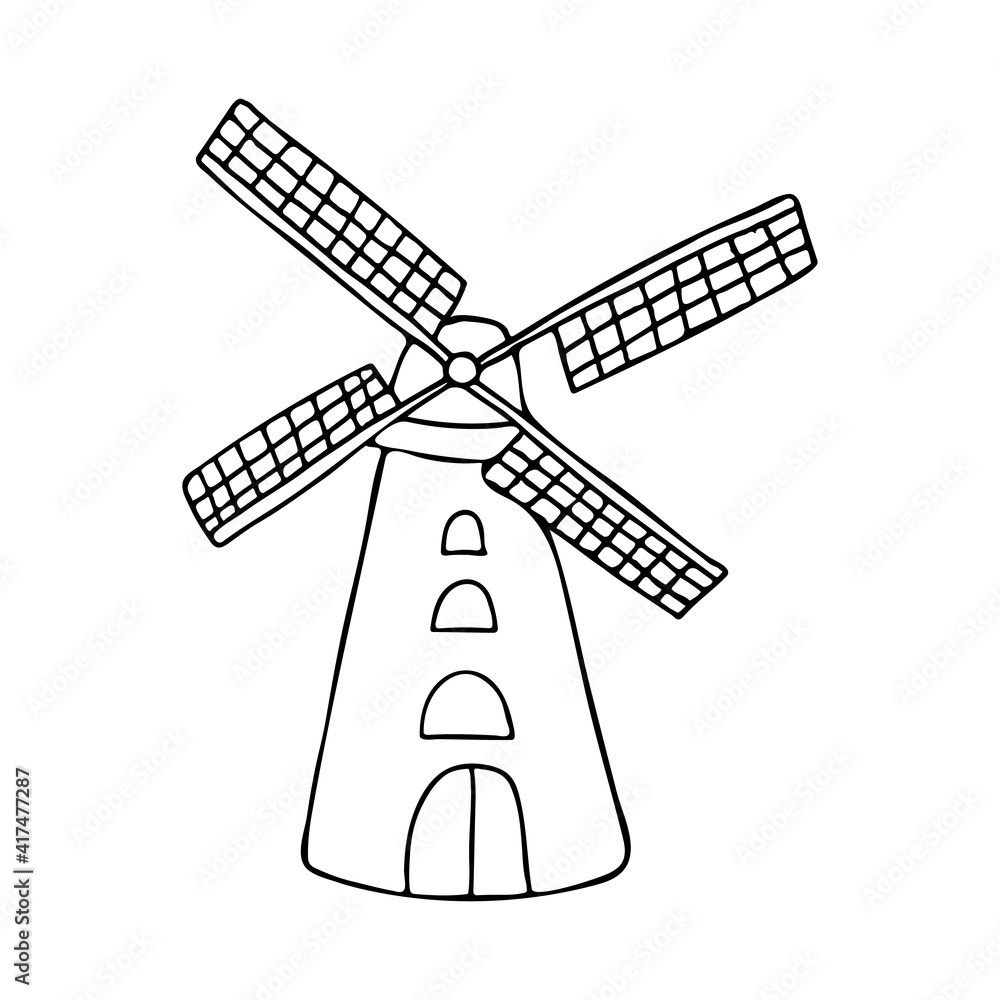 Hand drawn mill icon in vector. Doodle mill icon in vector. Vector doodle illustration of old mill Hand drawn mill icon in vector. Doodle mill icon in vector. Vector doodle illustration of old mill