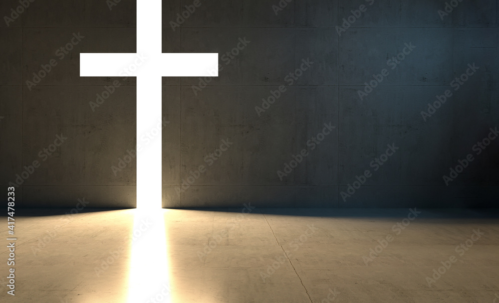 Naklejka premium holy light cross and dark room billboard banner template mockup with place for text and logo