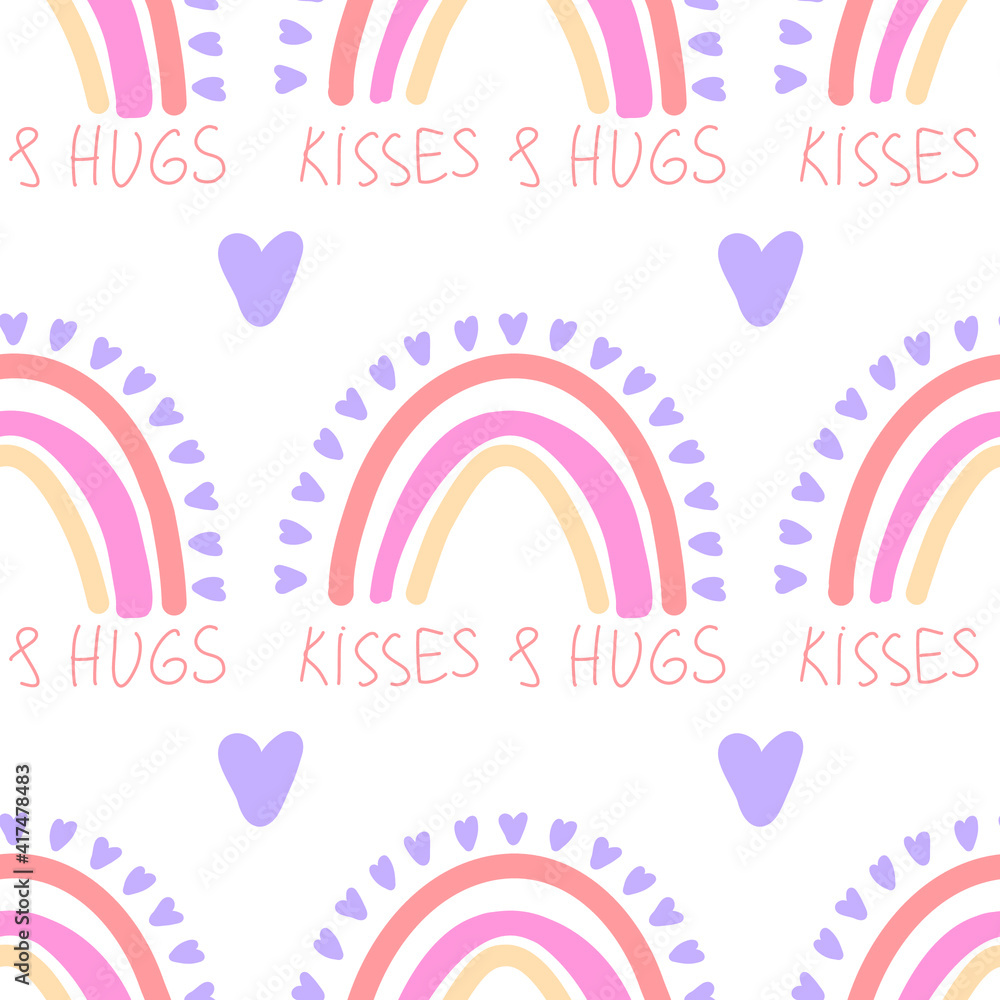Seamless pattern pastel rainbow with words hugs and kisses. Vector graphic illustration, Design elements for Valentine's day.Vector illustration. Wallpaper, flyers, invitation, posters, brochure, Seamless pattern pastel rainbow with words hugs and kisses. Vector graphic illustration, Design elements for Valentine's day.Vector illustration. Wallpaper, flyers, invitation, posters, brochure,