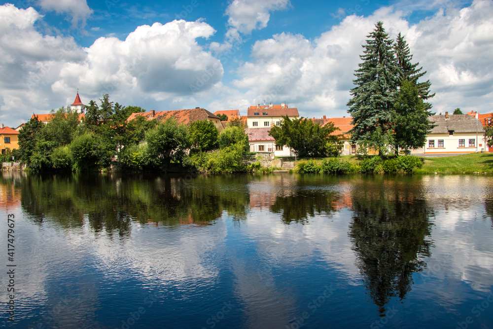 the old town reflecting on the river / Czech Republic, Horazdovice, Otava river