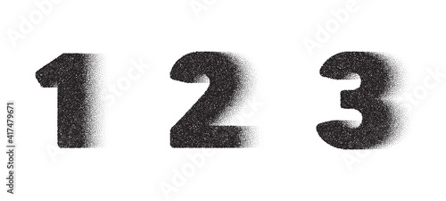1th, 2nd and 3rd Dotwork number. 123 noise stipple dots digits. Sand grain effect. Black dots grunge banner. Abstract noise dotwork number. Stipple circles digits. 1, 2 and 3 dotted numeral. Vector