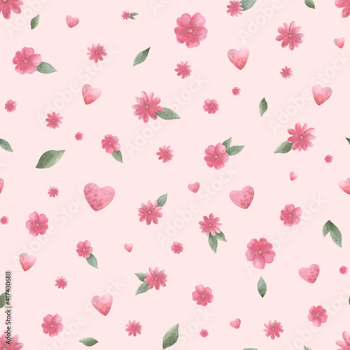 Easter seamless pattern. Watercolor pattern with pink flowers end hearts.