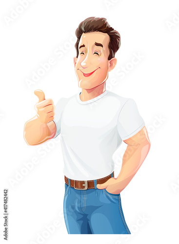 Young handsome boy in jeans and shirt gesture okay. White cartoon athletic man wear model. Isolated on white background. Eps10 vector illustration.