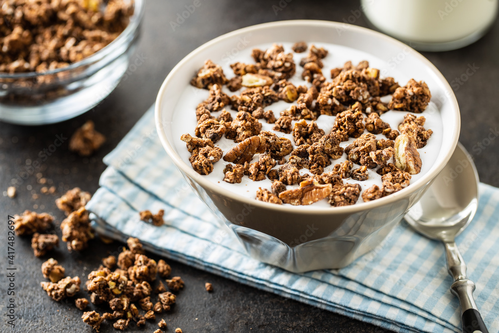 Chocolate breakfast cereal. Morning granola with milk in bowl. Chocolate breakfast cereal. Morning granola with milk in bowl.