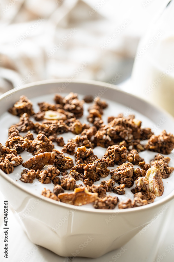 Chocolate breakfast cereal. Morning granola with milk in bowl. Chocolate breakfast cereal. Morning granola with milk in bowl.