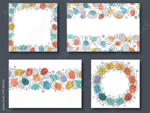 Collection of colorful holiday Easter cards. Greeting frames. backgrounds, flyers, banners, templates. Doodle style - vector illustration