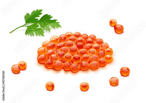 Red salmon caviar. Delicacy fish food, Isolated on white background. Eps10 vector illustration.