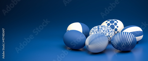Photography Easter Eggs with different textures in classic blue on a seamless blue background