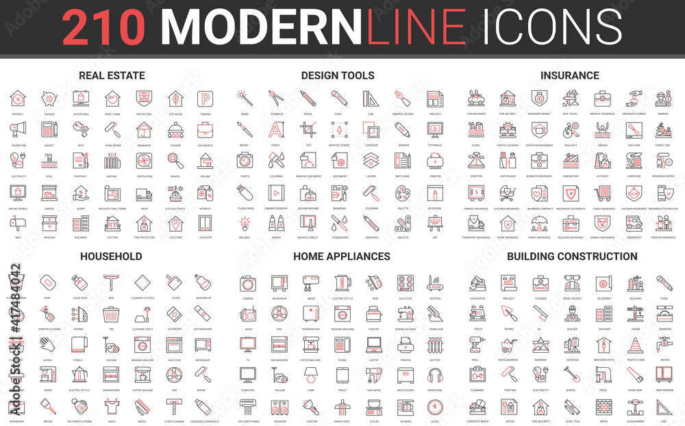 210 modern red black thin line icons set of household, home appliances ...
