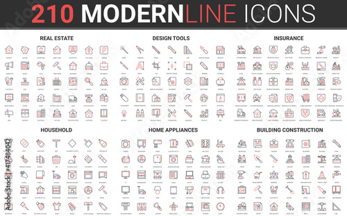 210 modern red black thin line icons set of household, home appliances, building construction, real estate, design tools, insurance collection vector illustration.