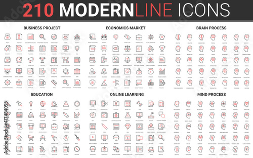 210 modern red black thin line icons set of education, online learning, mind process, business project, economics market, brain process collection vector illustration.