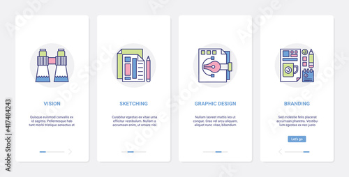 Creative branding graphic design vector illustration. UX, UI onboarding mobile app page screen set with line modern search service of brand vision, insight idea generation, designer sketching symbols