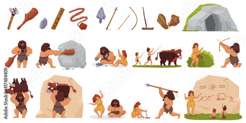 Primitive people hunt vector illustration set. Cartoon primeval wild caveman character hunting with stick club bow spear, woman cooking food, prehistoric stone age life scenes isolated on white