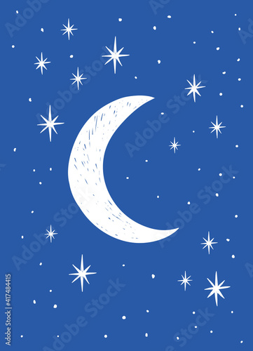 Scandinavian Style Kids Room Decoration. Cute Hand Drawn Moon and Stars on Blue Background. Nursery Wall Art for Baby Boy And Baby Girl. Vector Illustration Ideal for Card, Invitation, Poster.