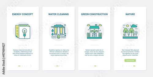 Green energy industry technology vector illustration. UX, UI onboarding mobile app page screen set with line industrial water purification, eco construction to save ecology, nature environment