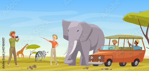 African safari travel adventure vector illustration. Cartoon man woman travelers making selfie photo with wild elephant animal, exotic tour to tropical savanna in National park of Africa background