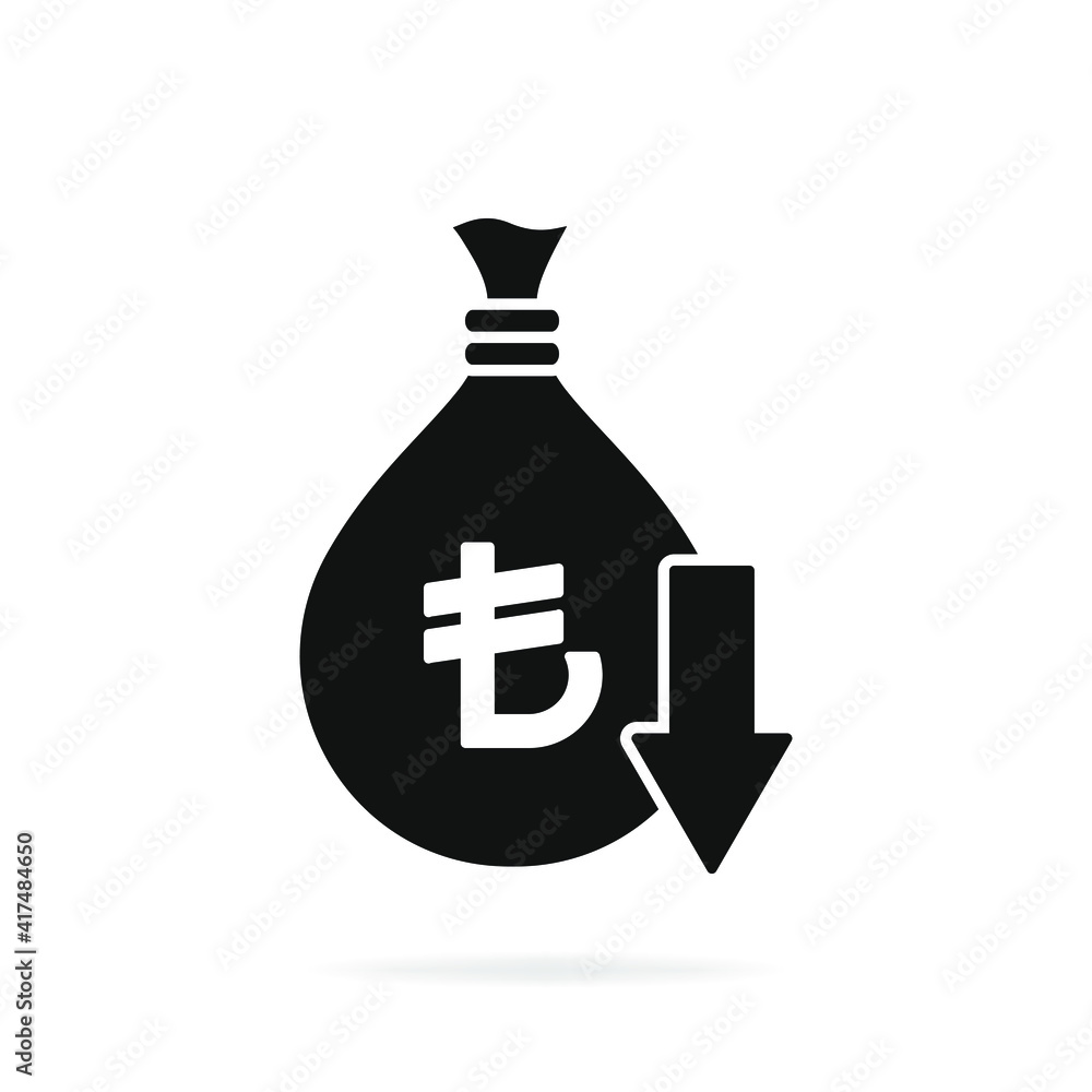 Decreasing value of Turkish lira. Cost reduction icon concept isolated on white background. Vector illustration Decreasing value of Turkish lira. Cost reduction icon concept isolated on white background. Vector illustration