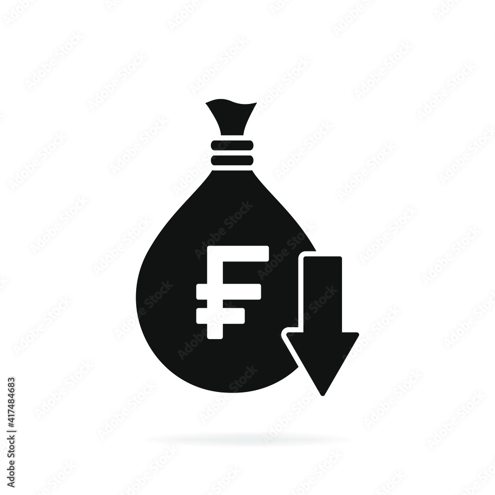 Decreasing value of franc. Cost reduction icon concept isolated on white background. Vector illustration Decreasing value of franc. Cost reduction icon concept isolated on white background. Vector illustration