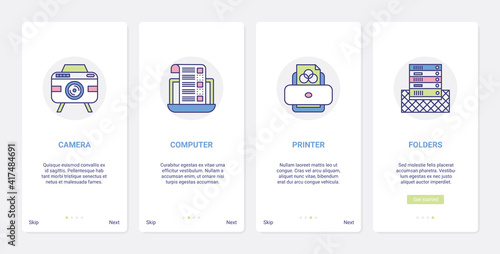 Digital electronic device for office work, paper document management equipment vector illustration. UI, UX onboarding mobile app page screen set with line manager worker camera computer printer folder