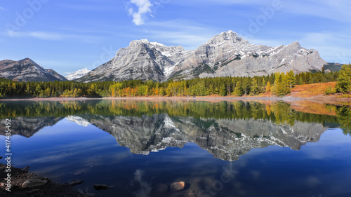Coniferous trees by the lake in front of Canadian rocky mountains with reflections of the trees and and mountains in the lake