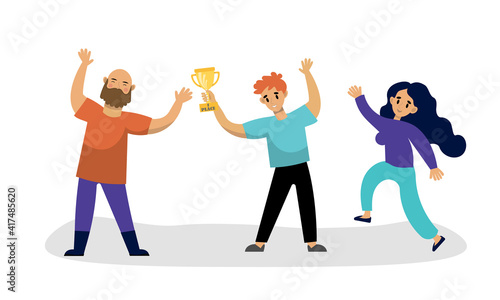 A colourful flat illustration with happy people and winner cup, for some positive topics about success, victory, happiness, enjoyment. 