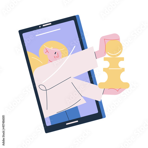 Young smiling woman playing chess online on smartphone