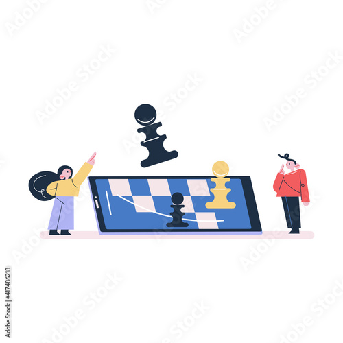 Children boy and girl standing playing chess online on smartphone