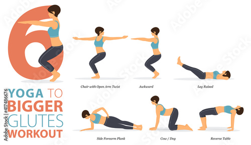 6 Yoga poses or asana posture for workout in Glutes Workout concept. Women exercising for body stretching. Fitness infographic. Flat cartoon vector