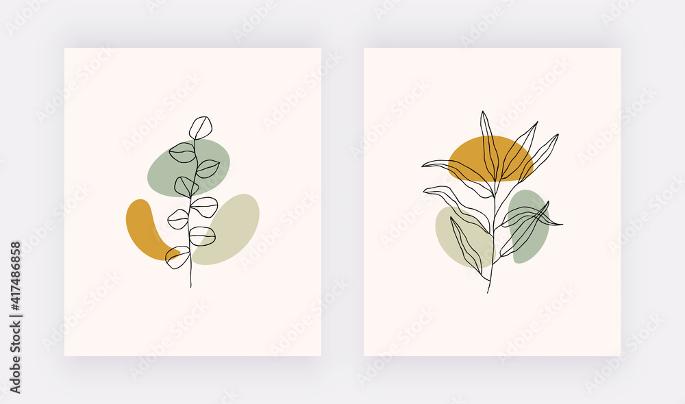 Botanical wall art prints with shapes and black lines leaves. 
